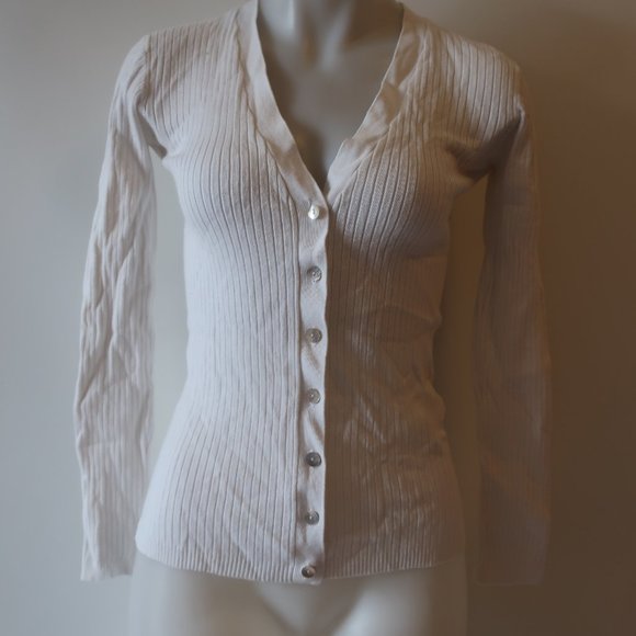 Womens Lara Knit White V-Neck Ribbed Cardigan Sweater L * - Picture 1 of 10